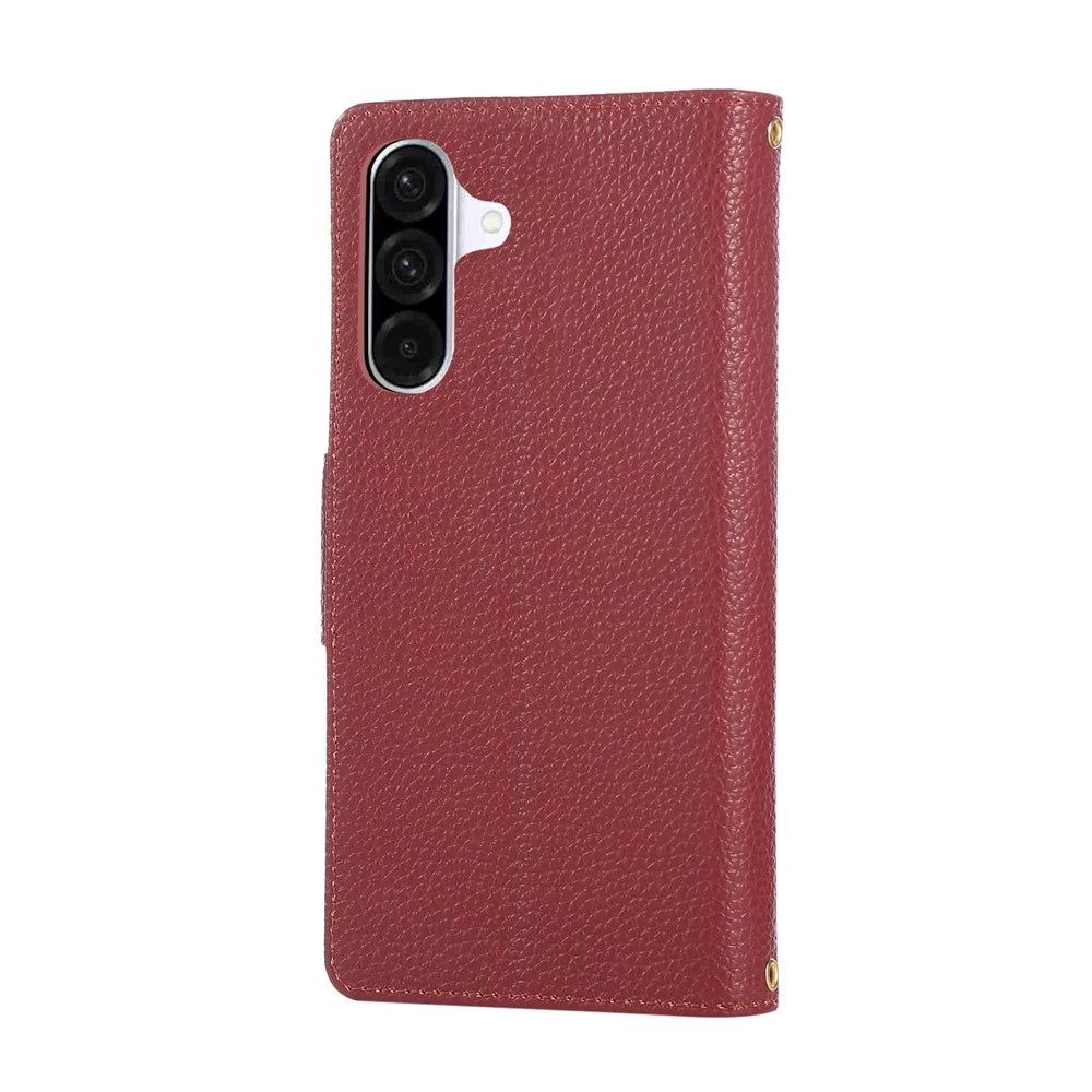 For Samsung Galaxy A25 5G (Global) (161.0mm) Case Zipper Wallet Leather Phone Cover with Wrist Strap - Wine Red - 7