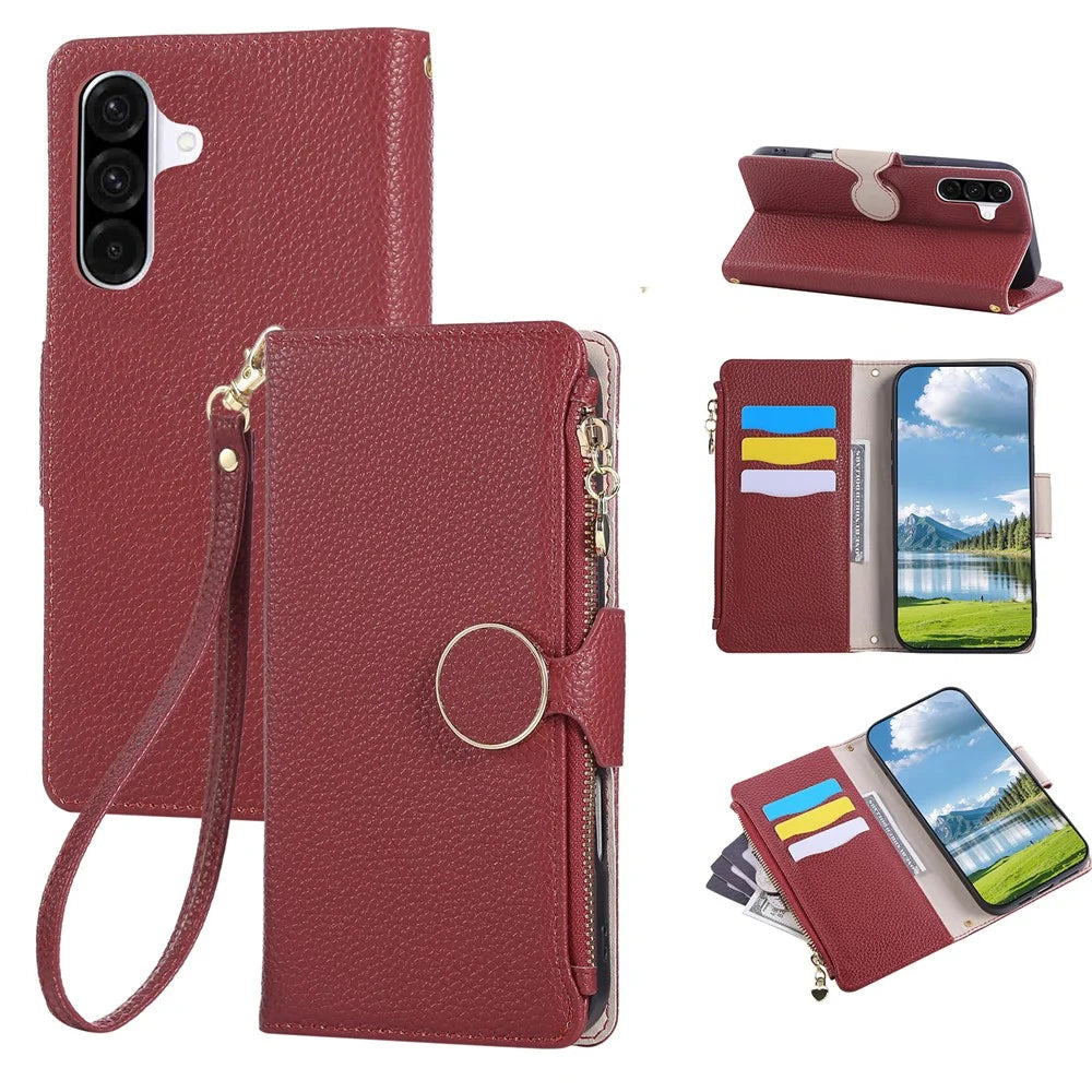 For Samsung Galaxy A55 5G Case Zipper Wallet Leather Phone Cover with Wrist Strap - Wine Red - 1