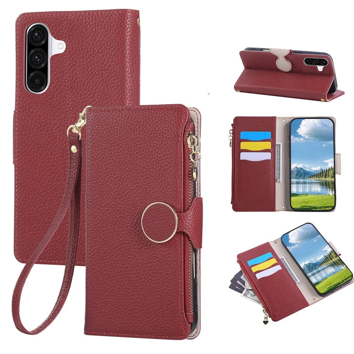 For Samsung Galaxy A55 5G Case Zipper Wallet Leather Phone Cover with Wrist Strap - Wine Red - 1