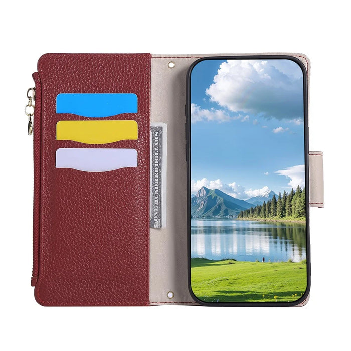 For Samsung Galaxy A55 5G Case Zipper Wallet Leather Phone Cover with Wrist Strap - Wine Red - 2