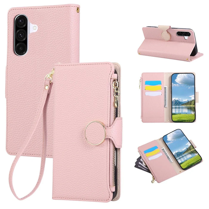 For Samsung Galaxy A56 5G Case Zipper Wallet Leather Phone Cover with Wrist Strap - Pink - 1