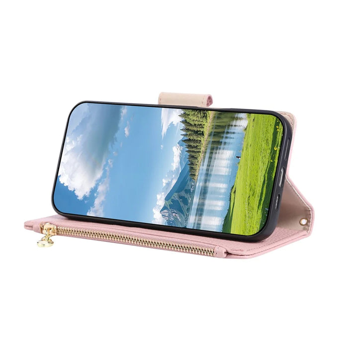 For Samsung Galaxy A56 5G Case Zipper Wallet Leather Phone Cover with Wrist Strap - Pink - 3