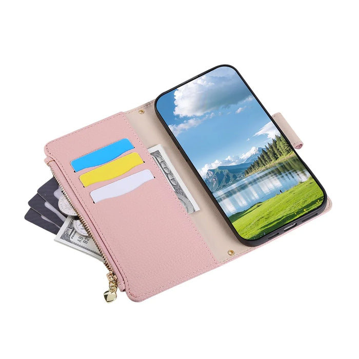 For Samsung Galaxy A56 5G Case Zipper Wallet Leather Phone Cover with Wrist Strap - Pink - 5