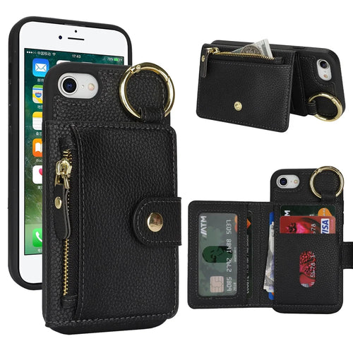 For iPhone SE (2022) / (2020) / 8 / 7 Case Litchi Textured PU Leather + TPU Kickstand Phone Cover with Card Slot - Black - 1