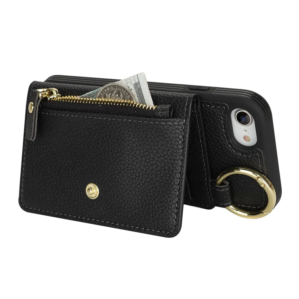 For iPhone SE (2022) / (2020) / 8 / 7 Case Litchi Textured PU Leather + TPU Kickstand Phone Cover with Card Slot - Black - 2