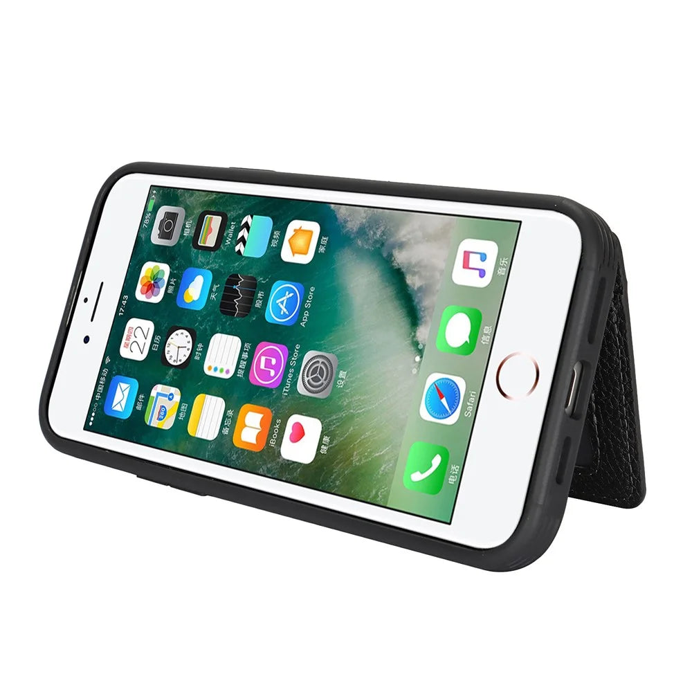 For iPhone SE (2022) / (2020) / 8 / 7 Case Litchi Textured PU Leather + TPU Kickstand Phone Cover with Card Slot - Black - 3
