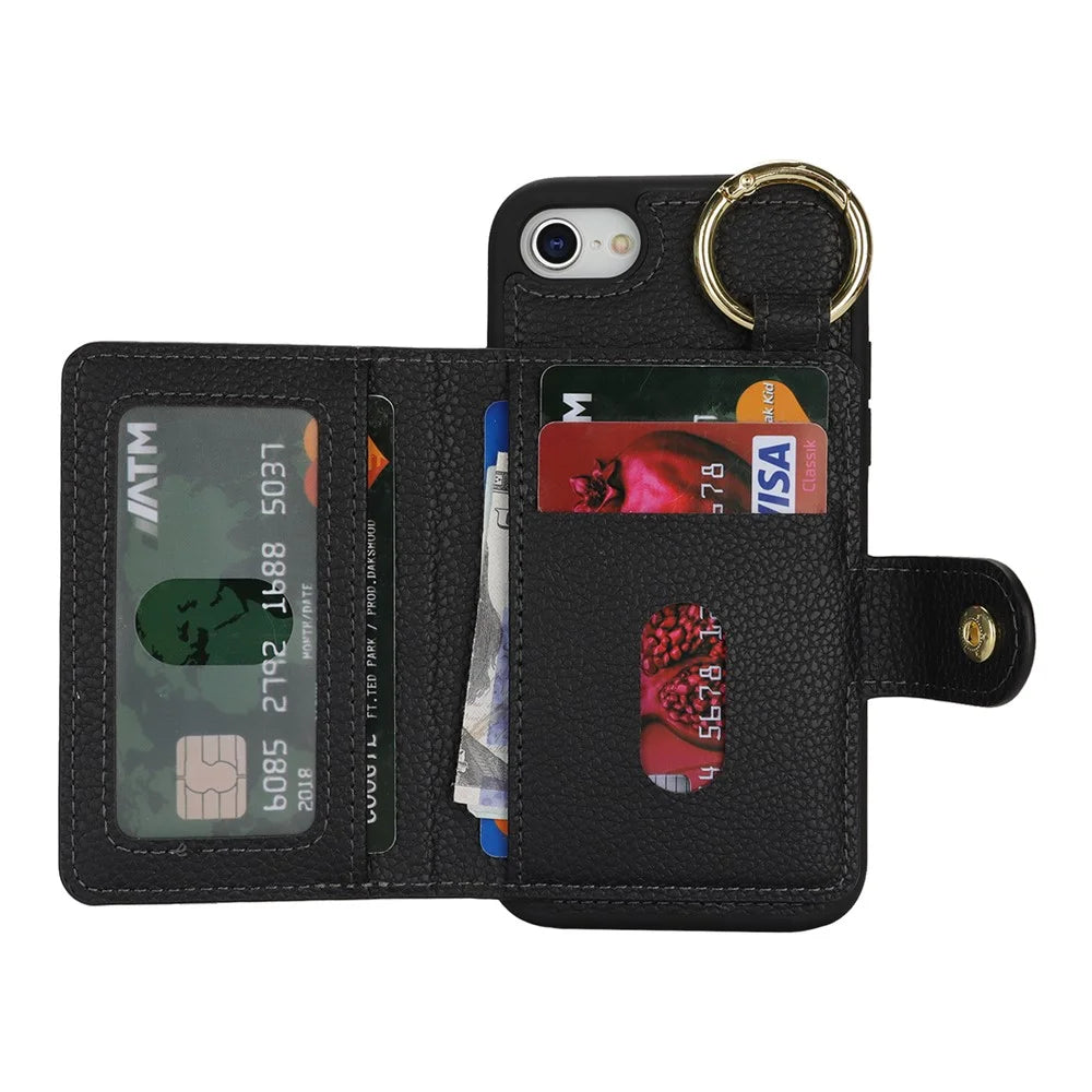 For iPhone SE (2022) / (2020) / 8 / 7 Case Litchi Textured PU Leather + TPU Kickstand Phone Cover with Card Slot - Black - 4