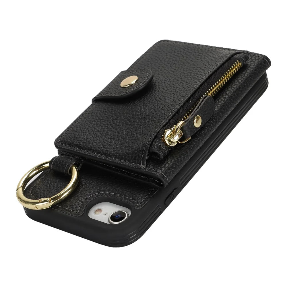 For iPhone SE (2022) / (2020) / 8 / 7 Case Litchi Textured PU Leather + TPU Kickstand Phone Cover with Card Slot - Black - 5