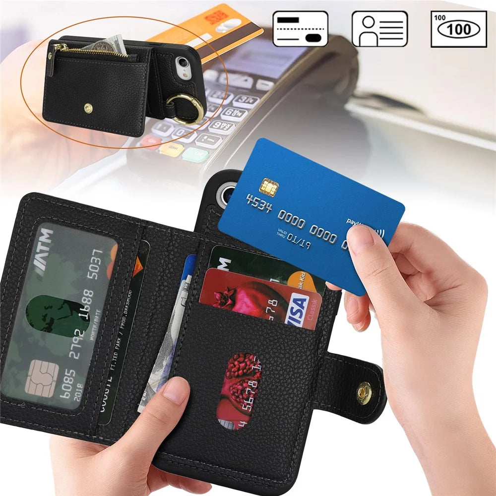 For iPhone SE (2022) / (2020) / 8 / 7 Case Litchi Textured PU Leather + TPU Kickstand Phone Cover with Card Slot - Black - 6
