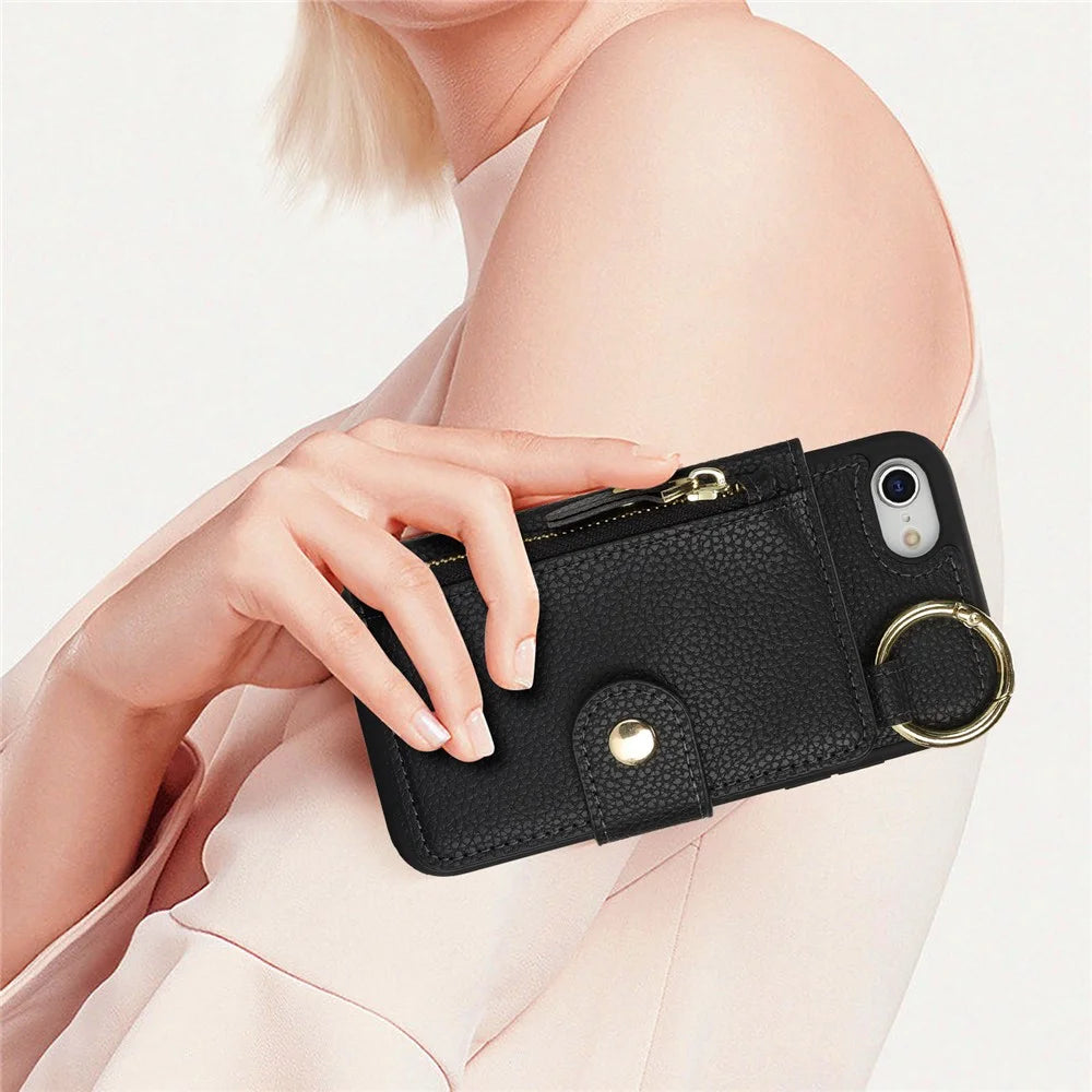 For iPhone SE (2022) / (2020) / 8 / 7 Case Litchi Textured PU Leather + TPU Kickstand Phone Cover with Card Slot - Black - 7