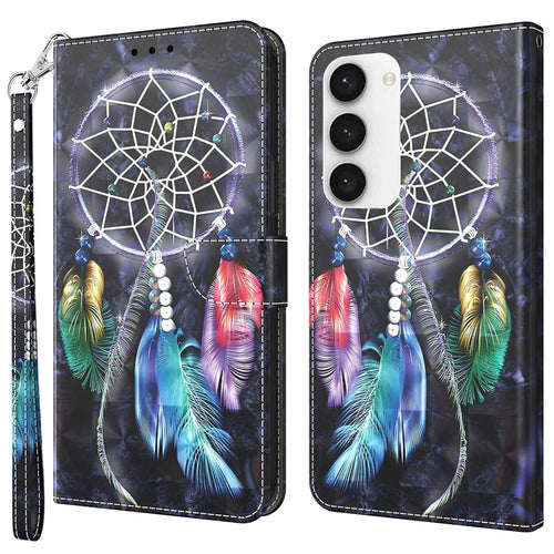 For Samsung Galaxy S23 3D Pattern Printing Anti-scratch Stand Case PU Leather Drop-proof Phone Wallet Cover with Strap - Dream Catcher - 1