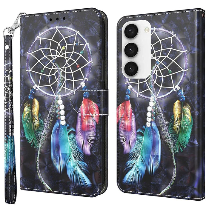 For Samsung Galaxy S23 3D Pattern Printing Anti-scratch Stand Case PU Leather Drop-proof Phone Wallet Cover with Strap - Dream Catcher - 1