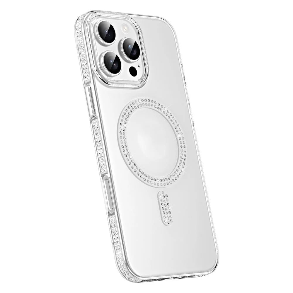 For iPhone 16 Pro Magnetic Case TPU + Acrylic Phone Back Cover Rhinestone Decor - Silver - 1