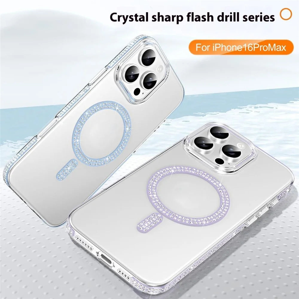 For iPhone 16 Pro Magnetic Case TPU + Acrylic Phone Back Cover Rhinestone Decor - Silver - 2