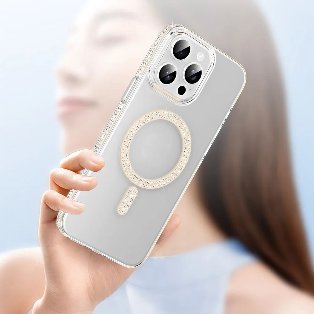 For iPhone 16 Pro Magnetic Case TPU + Acrylic Phone Back Cover Rhinestone Decor - Silver - 6