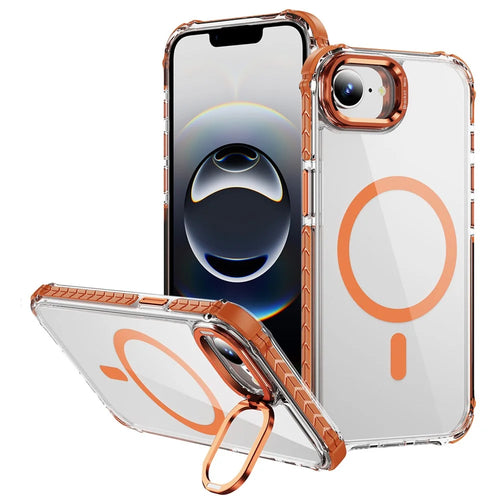 For iPhone 17e / 16e Clear Phone Case with Lens Kickstand Cover Compatible with MagSafe - Orange - 1