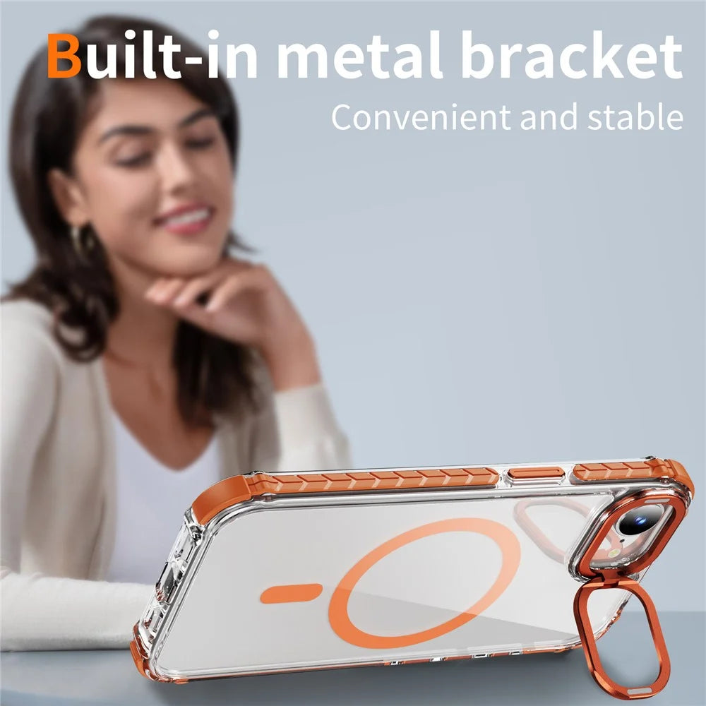For iPhone 17e / 16e Clear Phone Case with Lens Kickstand Cover Compatible with MagSafe - Orange - 2