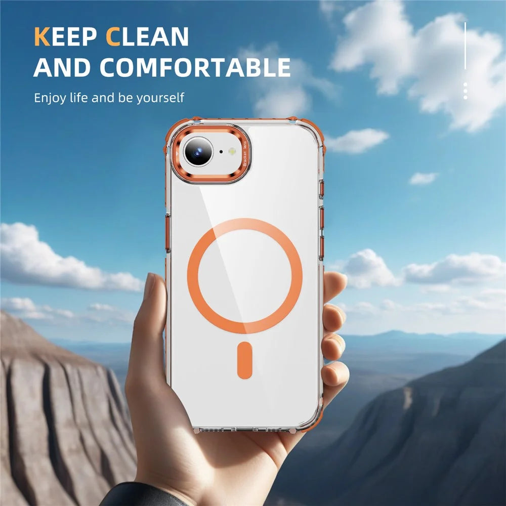 For iPhone 17e / 16e Clear Phone Case with Lens Kickstand Cover Compatible with MagSafe - Orange - 3