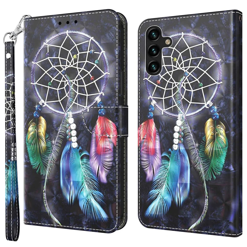 For Samsung Galaxy A14 5G / A14 4G PU Leather Stand Case 3D Pattern Printing Phone Wallet Cover with Wrist Strap - Dream Catcher - 1