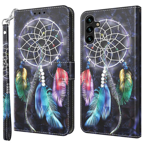 For Samsung Galaxy A14 5G / A14 4G PU Leather Stand Case 3D Pattern Printing Phone Wallet Cover with Wrist Strap - Dream Catcher - 1