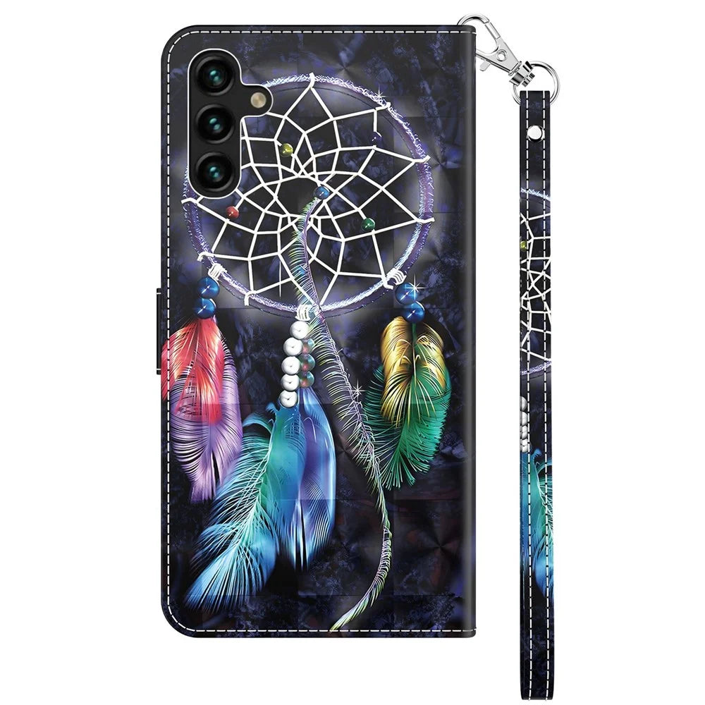 For Samsung Galaxy A14 5G / A14 4G PU Leather Stand Case 3D Pattern Printing Phone Wallet Cover with Wrist Strap - Dream Catcher - 7