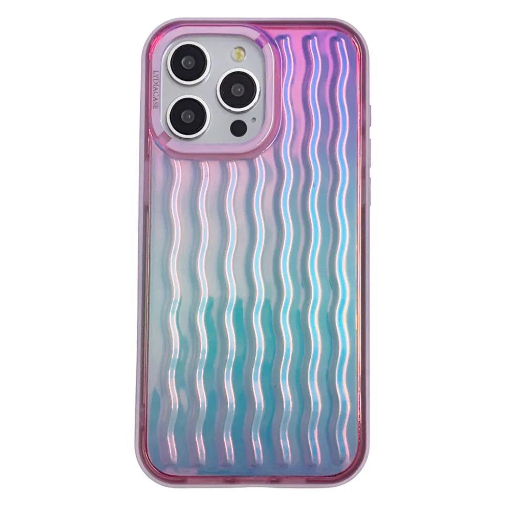 For iPhone 15 Pro Case Wavy Pattern Gradient Iridescent Design TPU + PC Phone Cover - Pink - 1