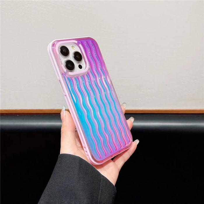 For iPhone 15 Pro Case Wavy Pattern Gradient Iridescent Design TPU + PC Phone Cover - Pink - 4