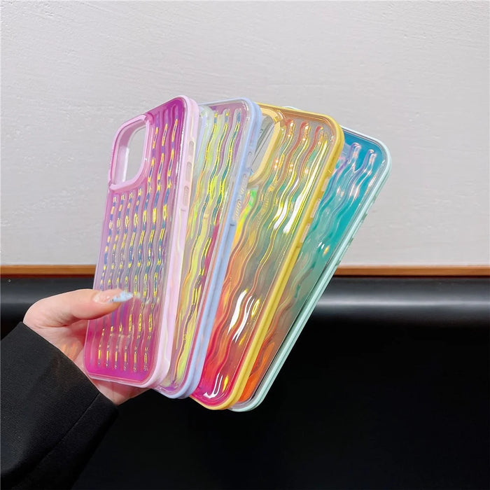 For iPhone 15 Pro Case Wavy Pattern Gradient Iridescent Design TPU + PC Phone Cover - Pink - 6