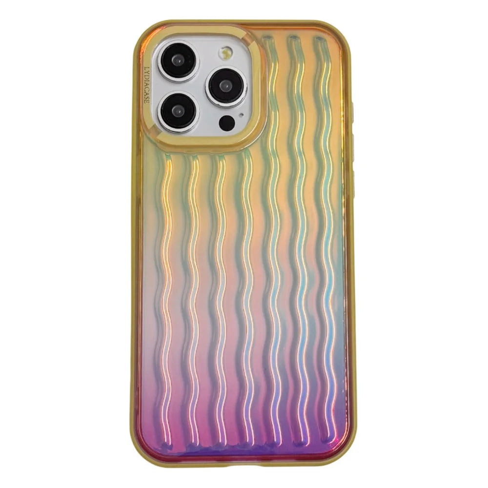For iPhone 15 Pro Max Case Wavy Pattern Gradient Iridescent Design TPU + PC Phone Cover - Yellow - 1