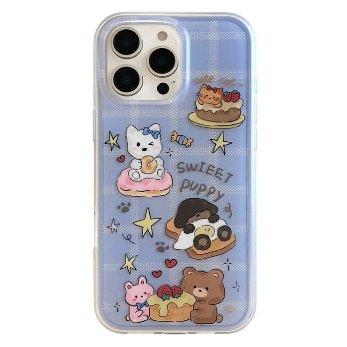 For iPhone 16 Pro Case IMD Cartoon Dog Pattern TPU Shockproof Phone Cover - Blue Plaid - 1