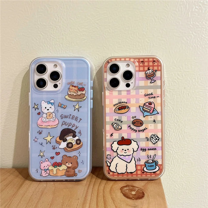 For iPhone 16 Pro Case IMD Cartoon Dog Pattern TPU Shockproof Phone Cover - Blue Plaid - 7