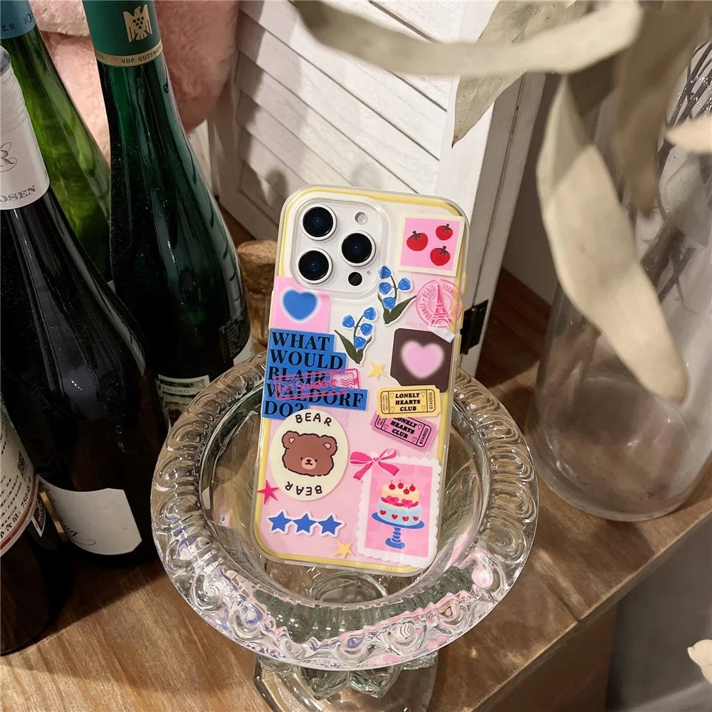 For iPhone 16 Pro Case IMD Cartoon Bear Sticker Design TPU Shockproof Phone Cover - 4