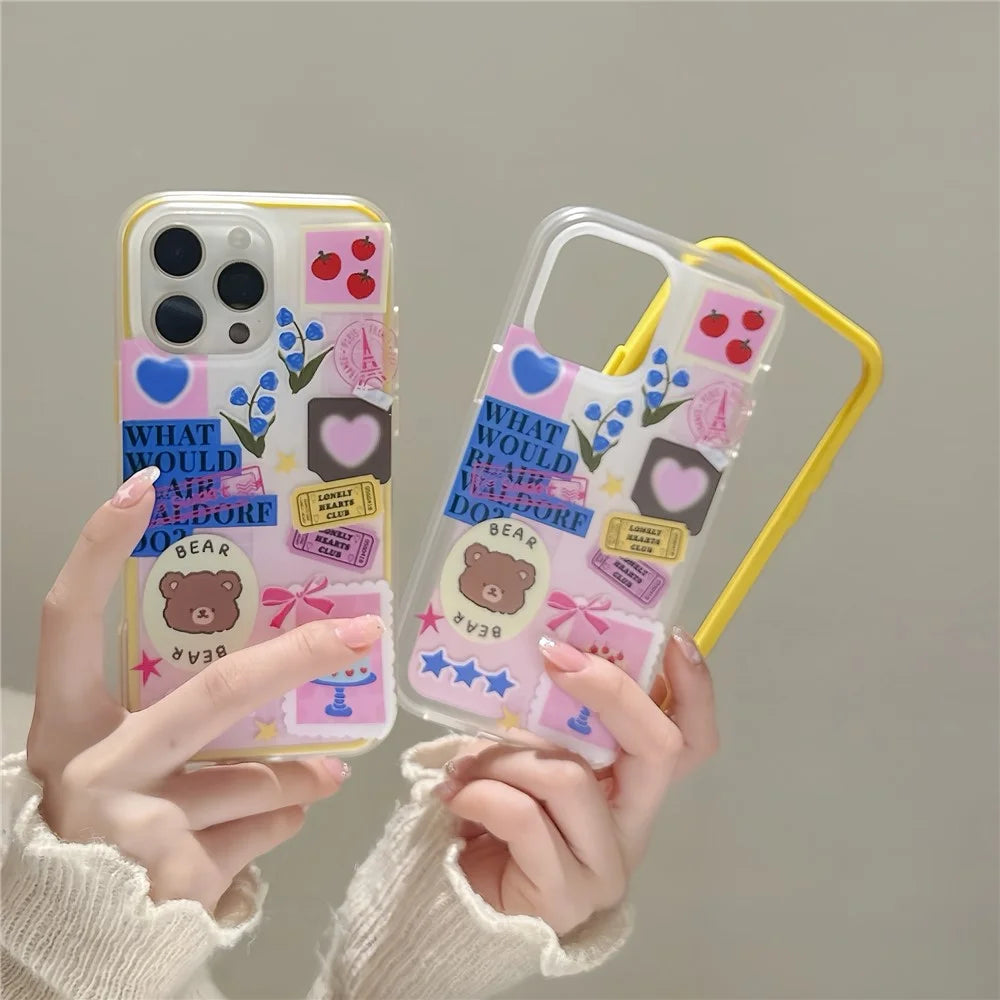 For iPhone 16 Pro Case IMD Cartoon Bear Sticker Design TPU Shockproof Phone Cover - 5