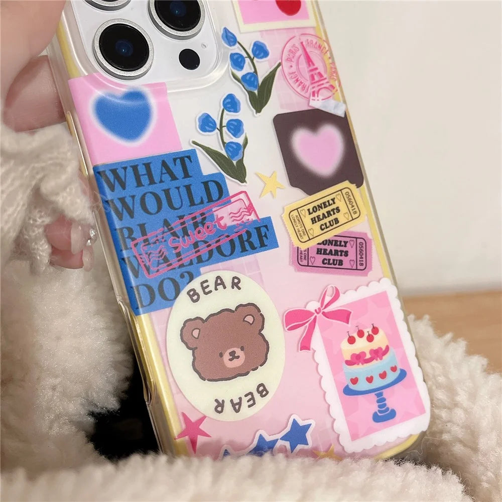 For iPhone 16 Pro Case IMD Cartoon Bear Sticker Design TPU Shockproof Phone Cover - 6