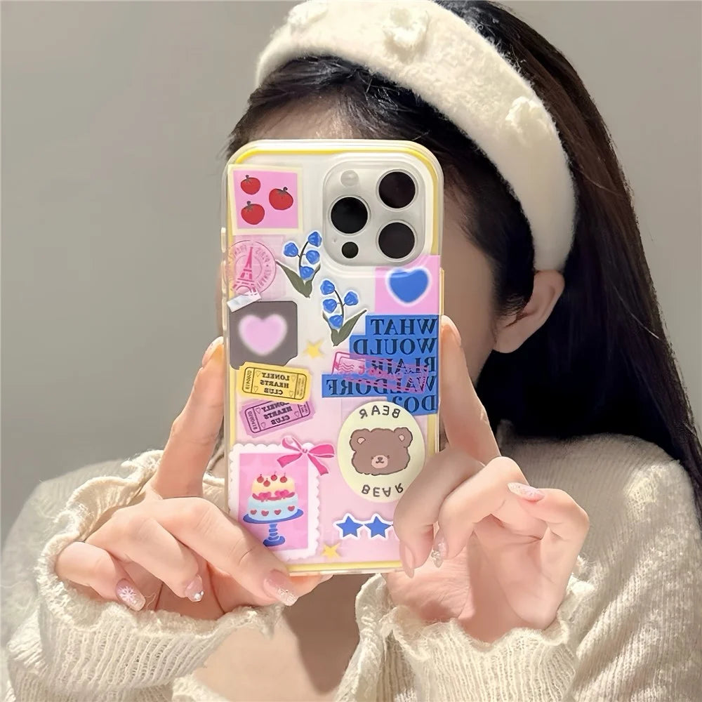 For iPhone 16 Pro Max Case IMD Cartoon Bear Sticker Design TPU Shockproof Phone Cover - 2