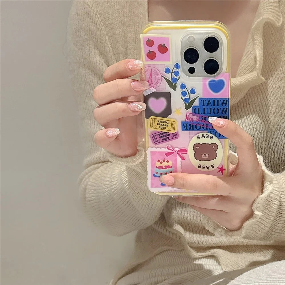 For iPhone 16 Pro Max Case IMD Cartoon Bear Sticker Design TPU Shockproof Phone Cover - 3