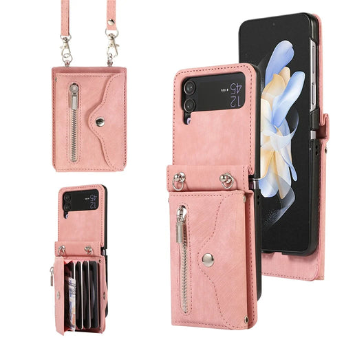 For Samsung Galaxy Z Flip4 5G Case PU Leather + TPU RFID Blocking Card Slots Phone Cover with 2 Straps - Rose Gold - 1