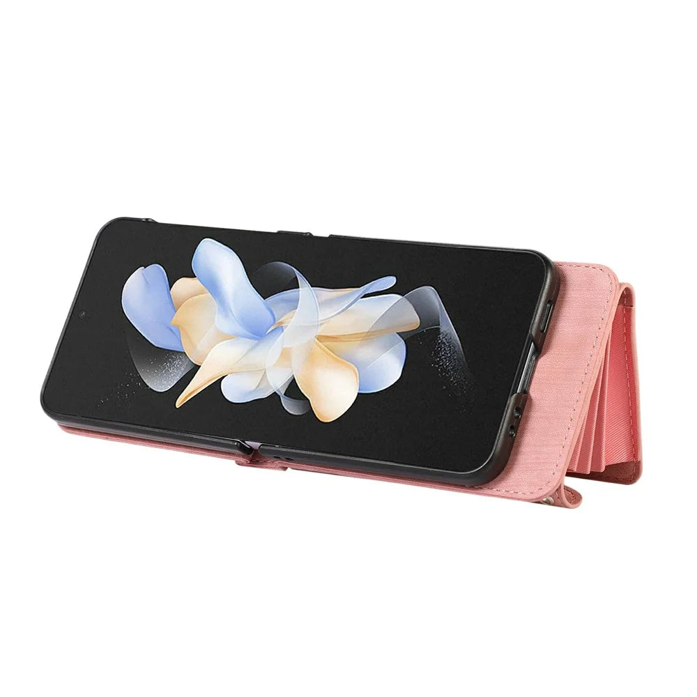 For Samsung Galaxy Z Flip4 5G Case PU Leather + TPU RFID Blocking Card Slots Phone Cover with 2 Straps - Rose Gold - 3