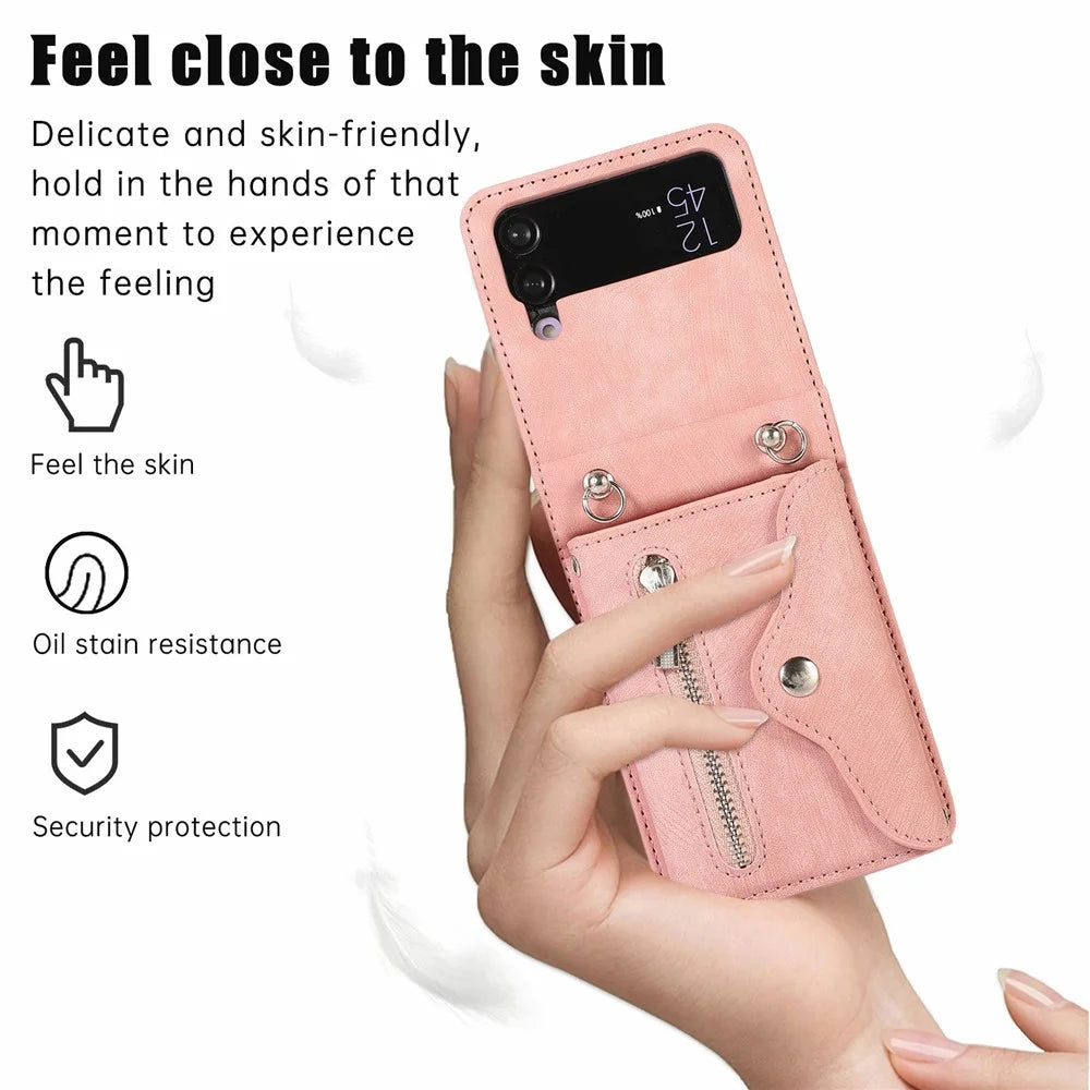 For Samsung Galaxy Z Flip4 5G Case PU Leather + TPU RFID Blocking Card Slots Phone Cover with 2 Straps - Rose Gold - 7