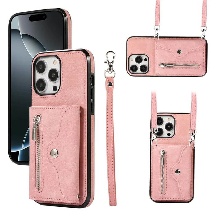 For iPhone 16 Pro Cell Phone Case PU Leather + TPU RFID Blocking Card Slots Cover with 2 Straps - Rose Gold - 1