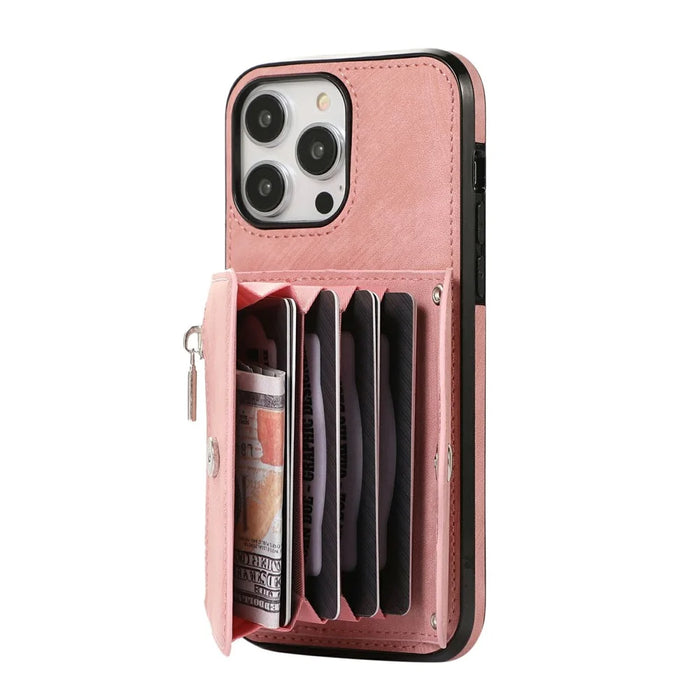 For iPhone 16 Pro Cell Phone Case PU Leather + TPU RFID Blocking Card Slots Cover with 2 Straps - Rose Gold - 3