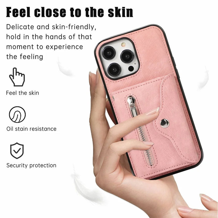 For iPhone 16 Pro Cell Phone Case PU Leather + TPU RFID Blocking Card Slots Cover with 2 Straps - Rose Gold - 5