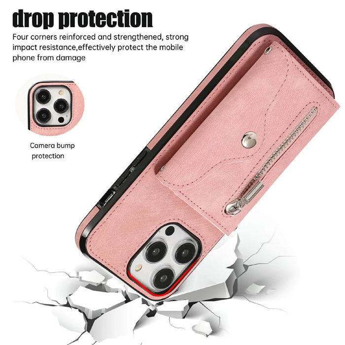 For iPhone 16 Pro Cell Phone Case PU Leather + TPU RFID Blocking Card Slots Cover with 2 Straps - Rose Gold - 6