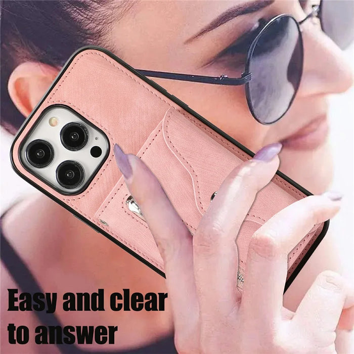 For iPhone 16 Pro Cell Phone Case PU Leather + TPU RFID Blocking Card Slots Cover with 2 Straps - Rose Gold - 7