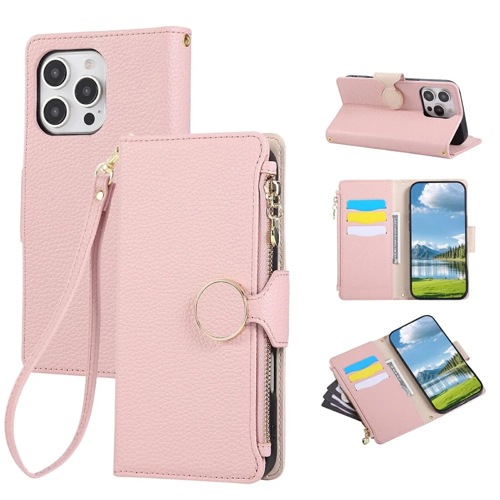 For iPhone 16 Pro Case Zipper Wallet Leather Phone Cover with Wrist Strap - Pink - 1