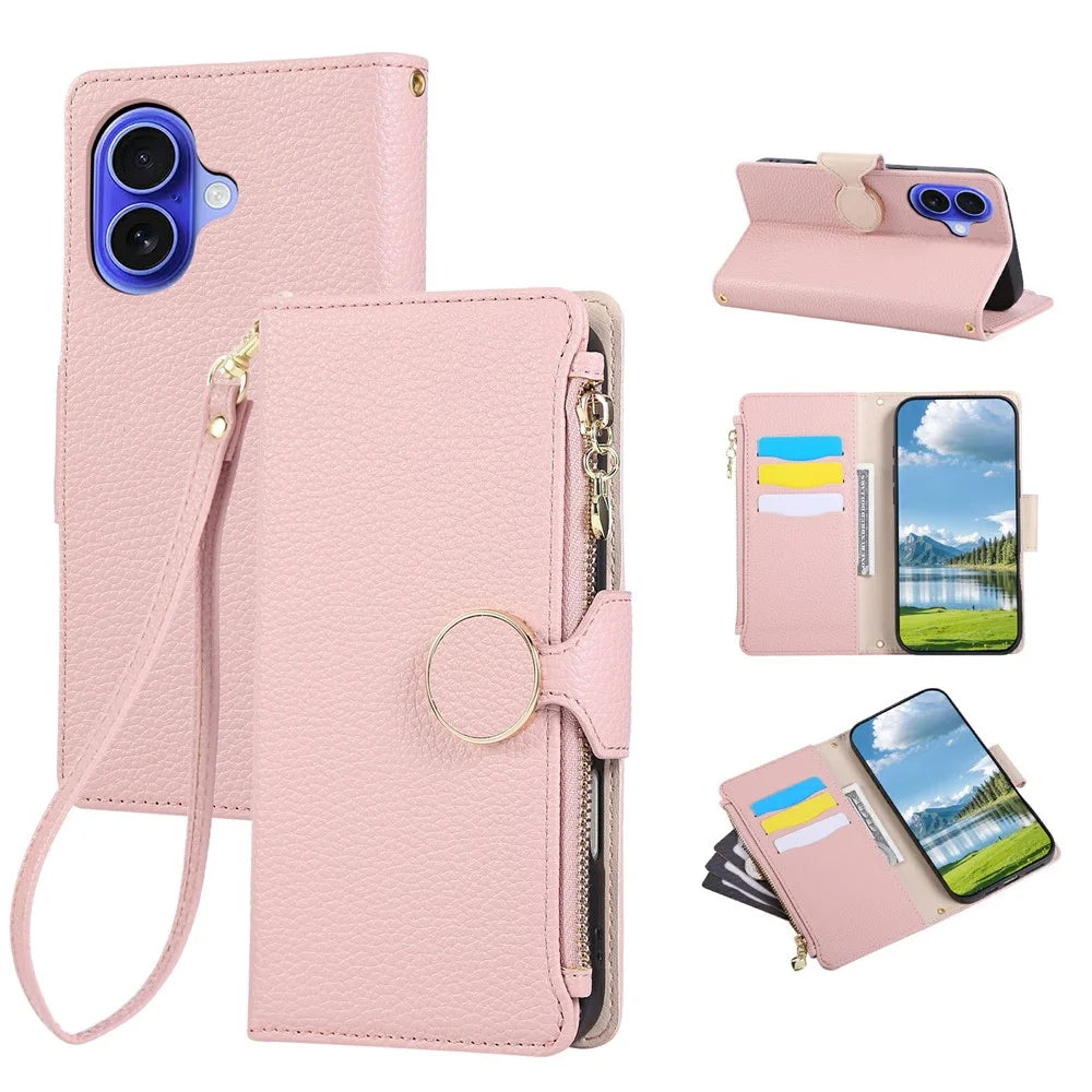 For iPhone 16 Case Zipper Wallet Leather Phone Cover with Wrist Strap - Pink - 1