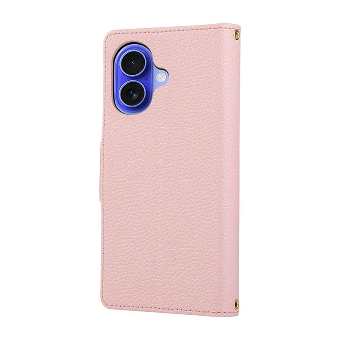 For iPhone 16 Case Zipper Wallet Leather Phone Cover with Wrist Strap - Pink - 7