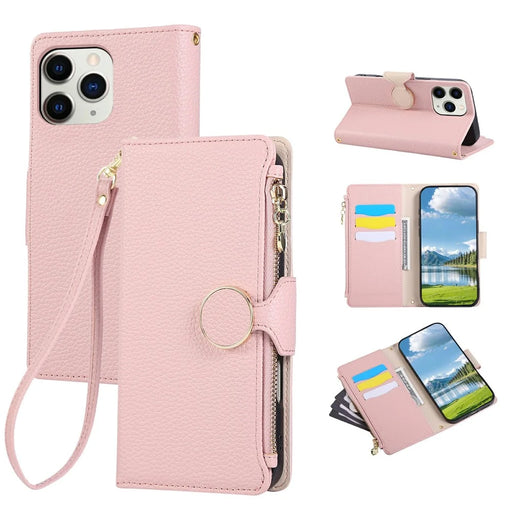 For iPhone 15 Pro Case Zipper Wallet Leather Phone Cover with Wrist Strap - Pink - 1