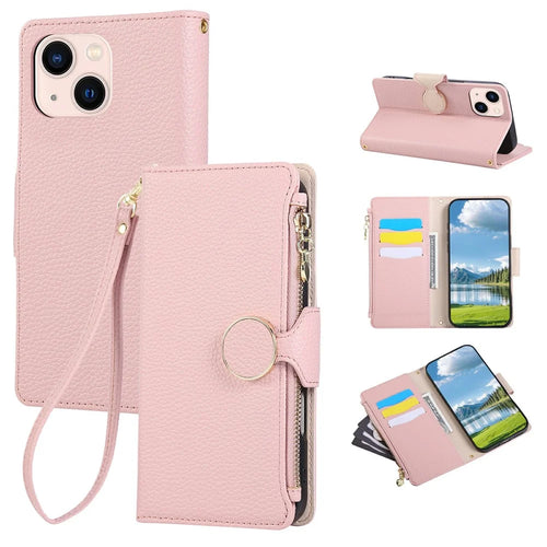 For iPhone 15 Case Zipper Wallet Leather Phone Cover with Wrist Strap - Pink - 1