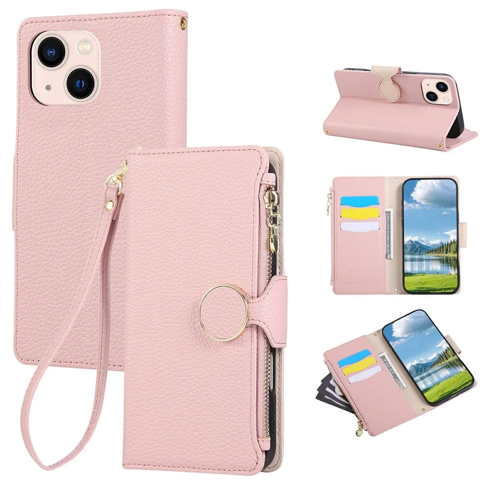 For iPhone 15 Case Zipper Wallet Leather Phone Cover with Wrist Strap - Pink - 1